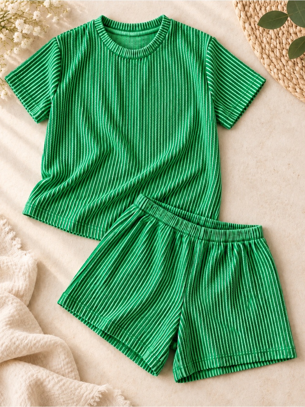 Green Ribbed 2-Piece Lounge Set | Short Sleeve Top + Shorts